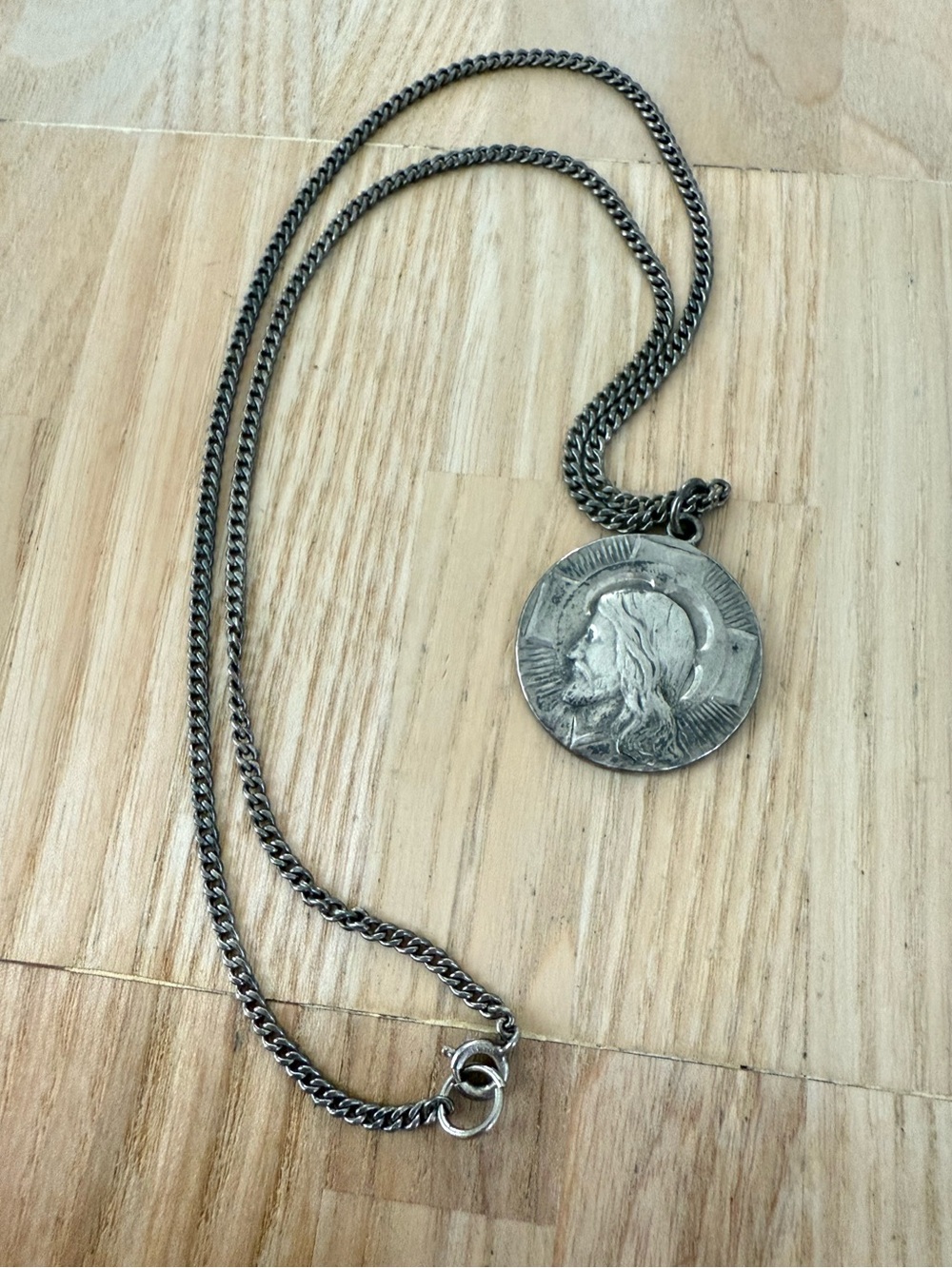 Vintage sterling silver Christian Jesus pendant curb chain necklace